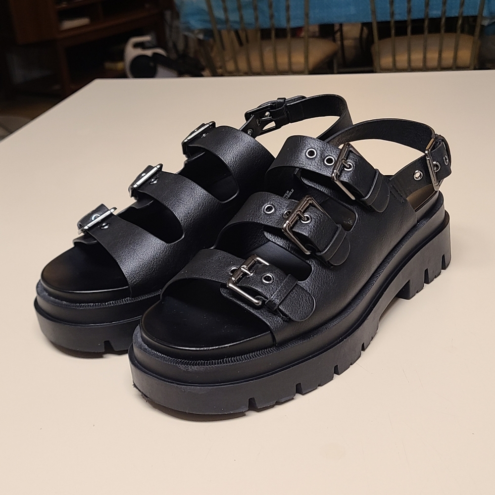 Sincerly Jules Black Triple-Buckle Platform Sandals